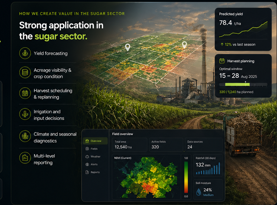 Sugar sector operations view with cane fields, mill logistics, and yield forecasting cards